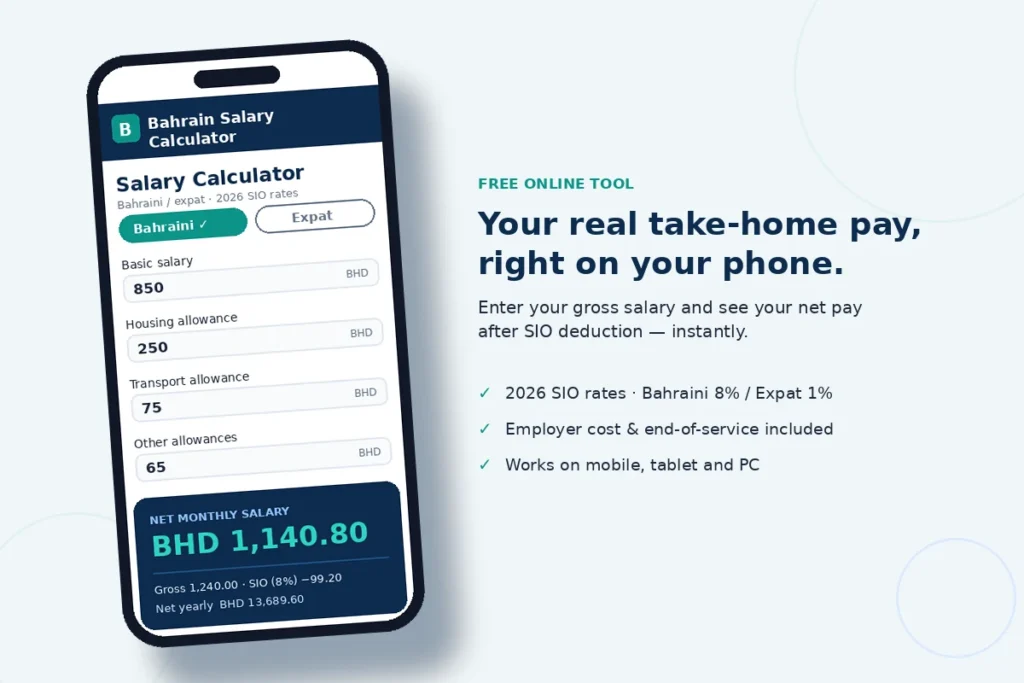 Bahrain Salary Calculator being used on a mobile phone — net monthly salary result BHD 1,140.80