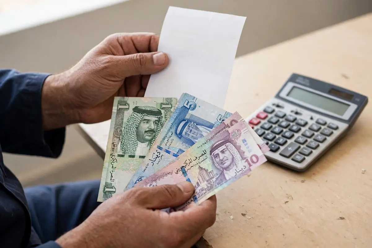 Minimum wage in Bahrain — worker checking a monthly salary payslip in Bahraini dinars