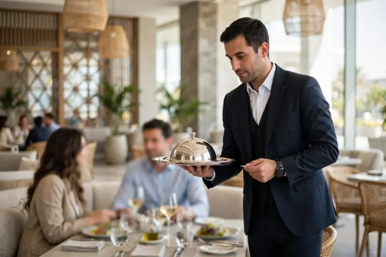 Waiter serving guests in a Bahrain hotel restaurant